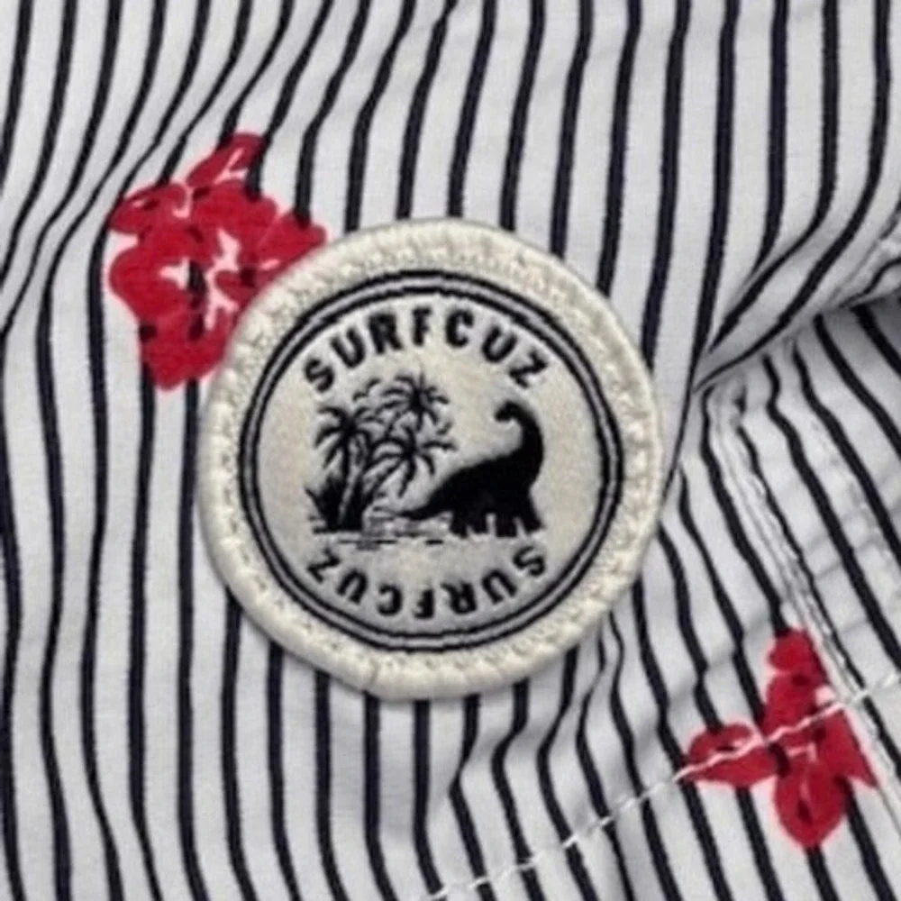 SurfCuz Mens Striped Swim Trunks Blue White Red Floral Mesh Lined Shorts Size‎ M